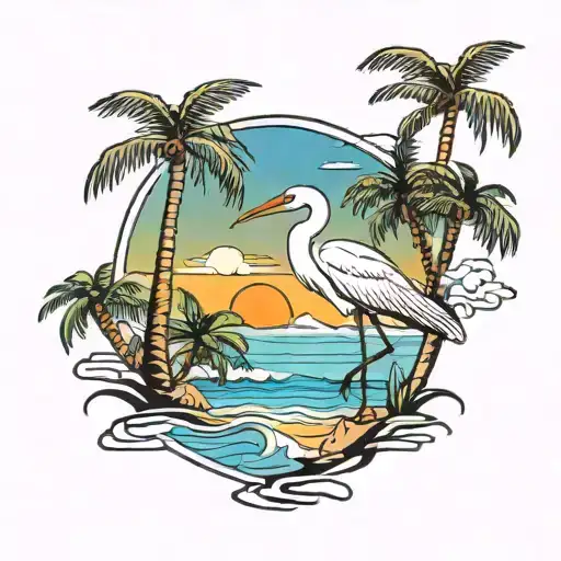 egret on the beach scene with palm trees tattoo design idea