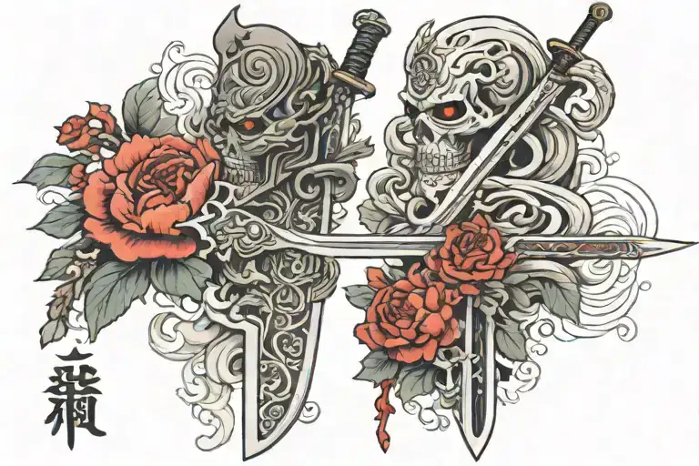 good vs evil, sword going vertical, bloom tattoo design idea