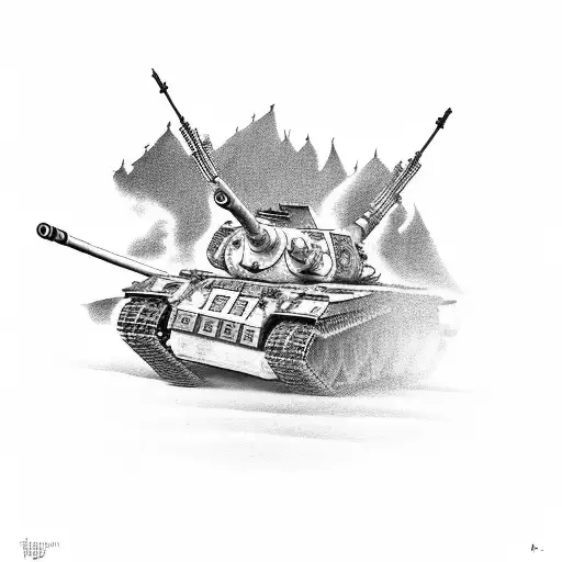 A black-grey tattoo of a historic war scene with soldiers and tanks tattoo design idea