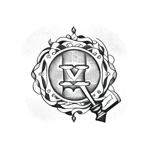 A blackwork tattoo of a gavel with the letter V incorporated into the handle, representing occupation indian dvocate. tattoo design idea