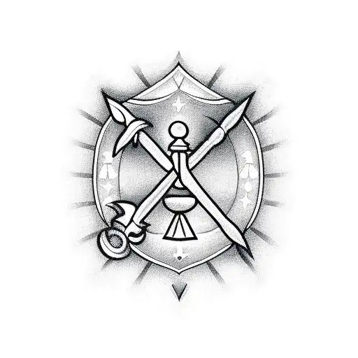 A blackwork tattoo of a gavel with the letter V incorporated into the handle, representing occupation indian dvocate. tattoo design idea