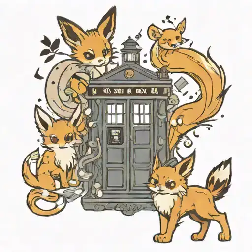 the tardis with the dr stood at the door with the eeveelutions coming out tattoo design idea
