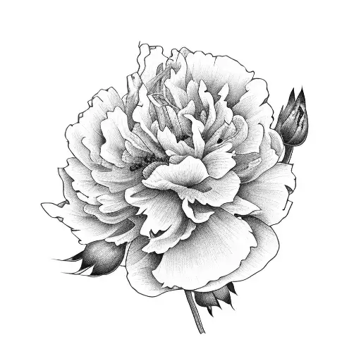 peony, carnation, poppy, aster one flower of each with long stems grouped together tattoo design idea