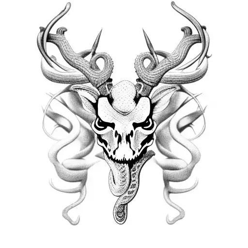 snake with deer skull as head tattoo design idea
