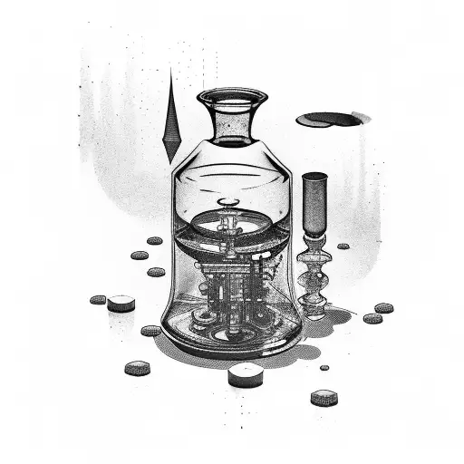 Three elements mixed: erlenmeyer, fountain pen, piano keys tattoo design idea