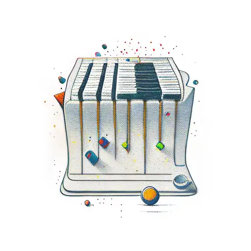 Three elements mixed: erlenmeyer, fountain pen, piano keys. Trask polka style tattoo design idea