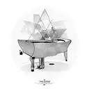 Three elements mixed: erlenmeyer, fountain pen, piano keys tattoo design idea