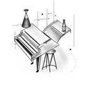 Three elements mixed: erlenmeyer, fountain pen, piano keys tattoo design idea