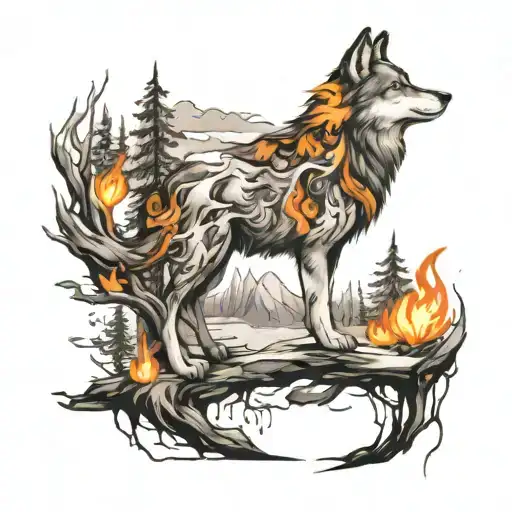I want a chest tattoo (right side of the chest). In realistic style. I want a wolf and a lake with the burning forest in tattoo design idea