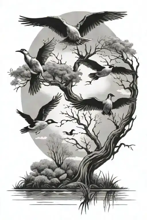 swamp trees, water ducks flying tattoo design idea