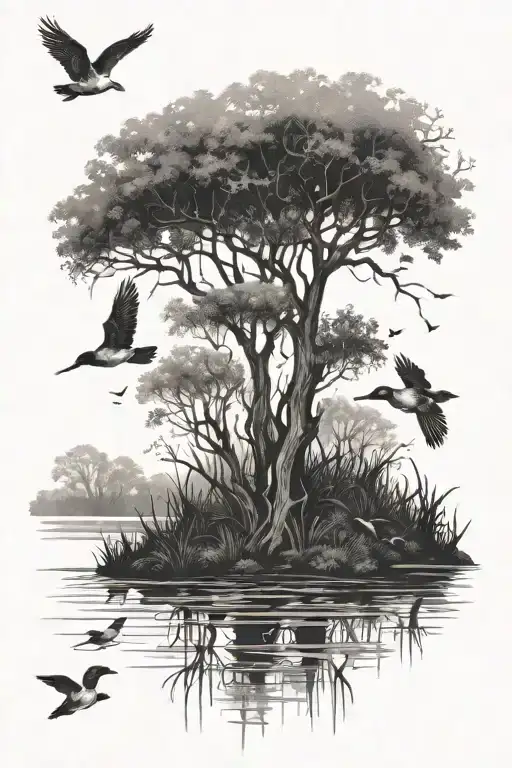 swamp trees, water ducks flying tattoo design idea