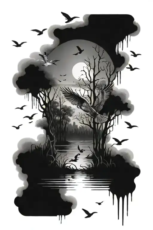 swamp trees, water ducks flying, shotgun tattoo design idea