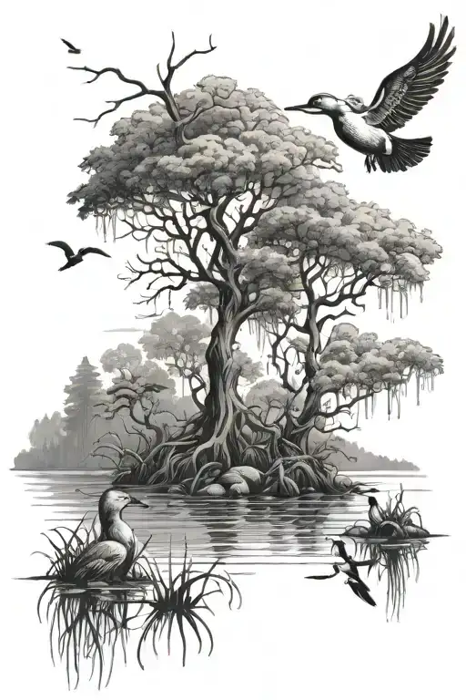 swamp trees, water ducks flying,  gun tattoo design idea