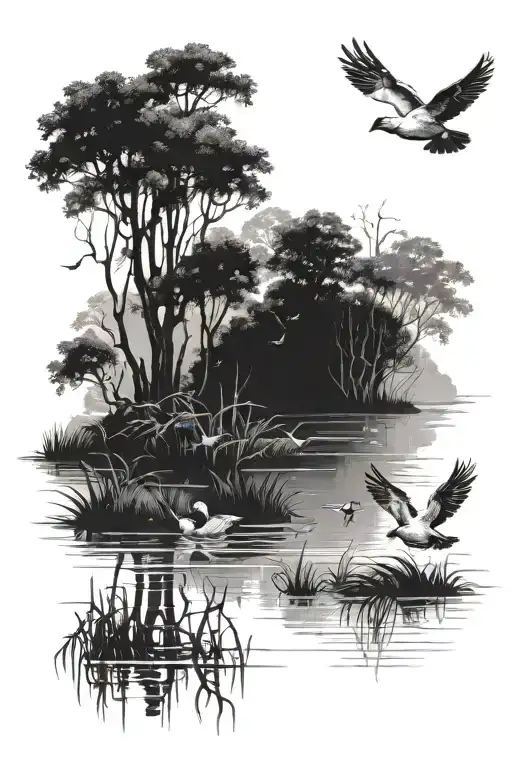 swamp trees, water, ducks flying tattoo design idea