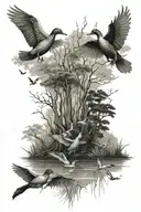 swamp trees, water ducks flying tattoo design idea