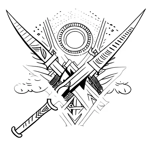 quill and sword crossing to form a cross tattoo design idea