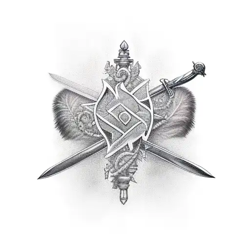 quill and sword crossing to form a cross tattoo design idea