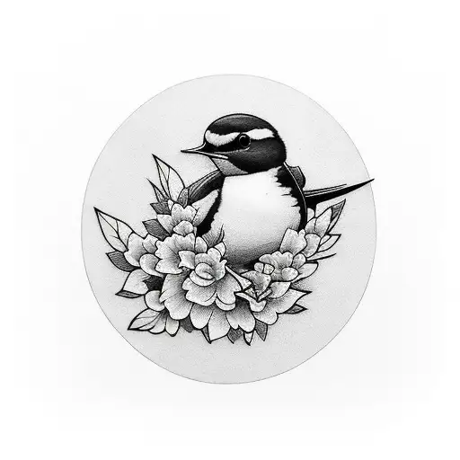 Swallow Bird with flower black and white with plain back ground simple bold flash outline tattoo design idea