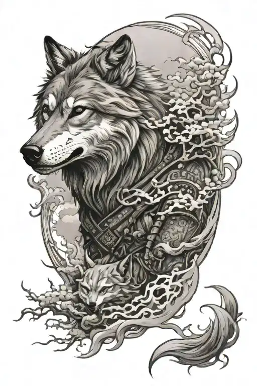 A mystical scene of a wolf and japanese samurai  tattoo design idea