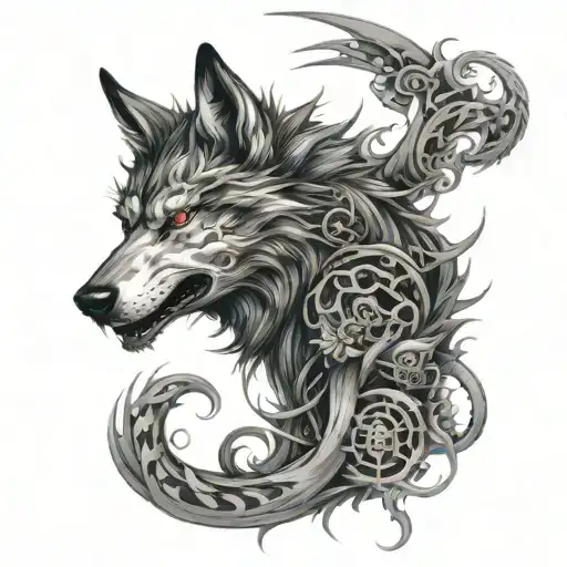 WOLF SURROUNDED BY JAPANESE SAMURAI ADN DRAGON tattoo design idea