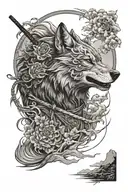 A mystical scene of a wolf and japanese samurai  tattoo design idea