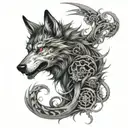 WOLF SURROUNDED BY JAPANESE SAMURAI ADN DRAGON tattoo design idea