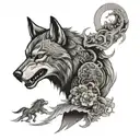 WOLF SURROUNDED BY JAPANESE SAMURAI ADN DRAGON tattoo design idea