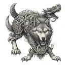WOLF SURROUNDED BY JAPANESE SAMURAI ADN DRAGON tattoo design idea