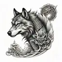 WOLF SURROUNDED BY JAPANESE SAMURAI ADN DRAGON tattoo design idea