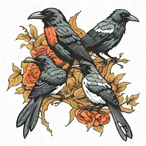 Raven, Magpie and two Robins tattoo design idea