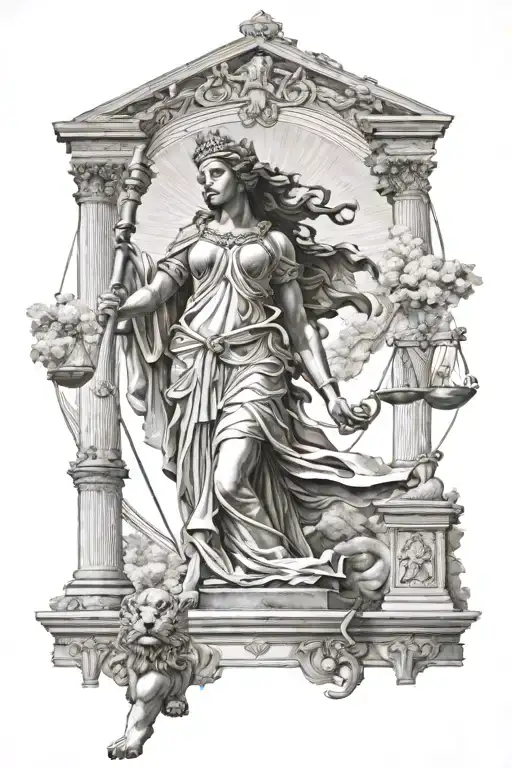 goddess of justice full body + rays + temple + lion + landscape + map tattoo design idea