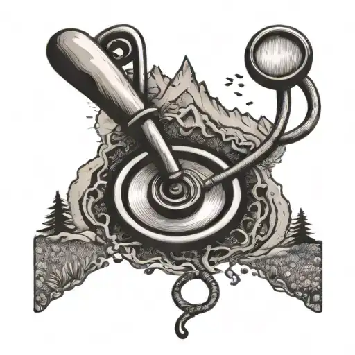 A nurse's stethoscope morphing into a hiking trail, with a mystical creature hidden in the background tattoo design idea