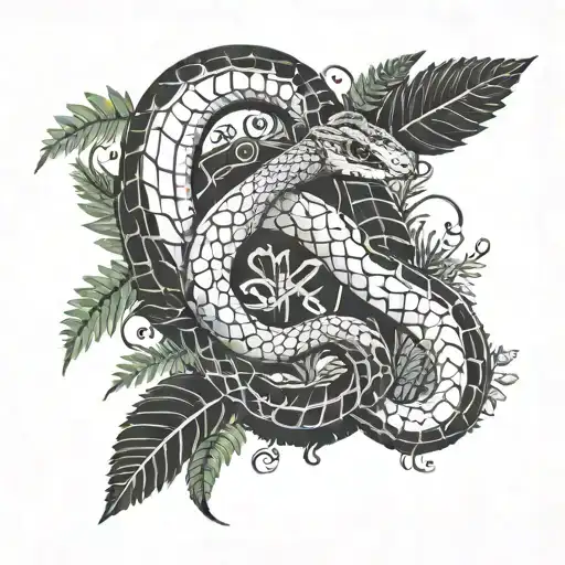 A snake weaving through a collection of ancient runes, surrounded by ferns and nature elements tattoo design idea