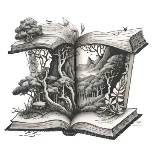 A mystical book opening to reveal a hiking trail leading to a karate dojo, with plants and animals peeking out from the pages tattoo design idea