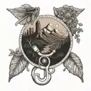 A nurse's stethoscope morphing into a hiking trail, with a mystical creature hidden in the background tattoo design idea