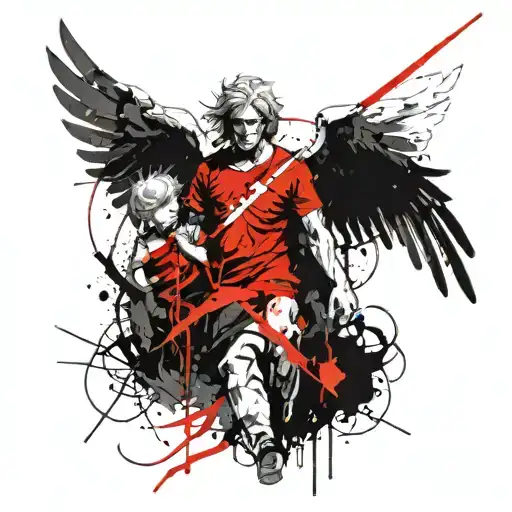 towering guardian angel protecting small boy tattoo design idea