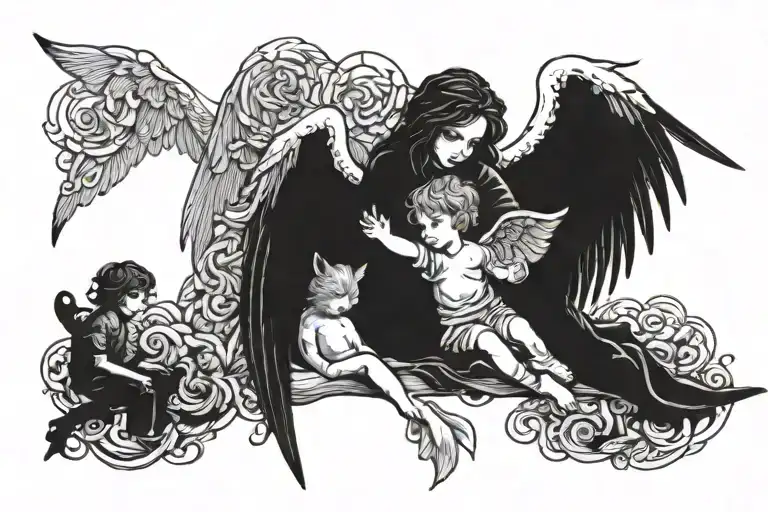 gothic guardian angel protecting small boy tattoo design idea
