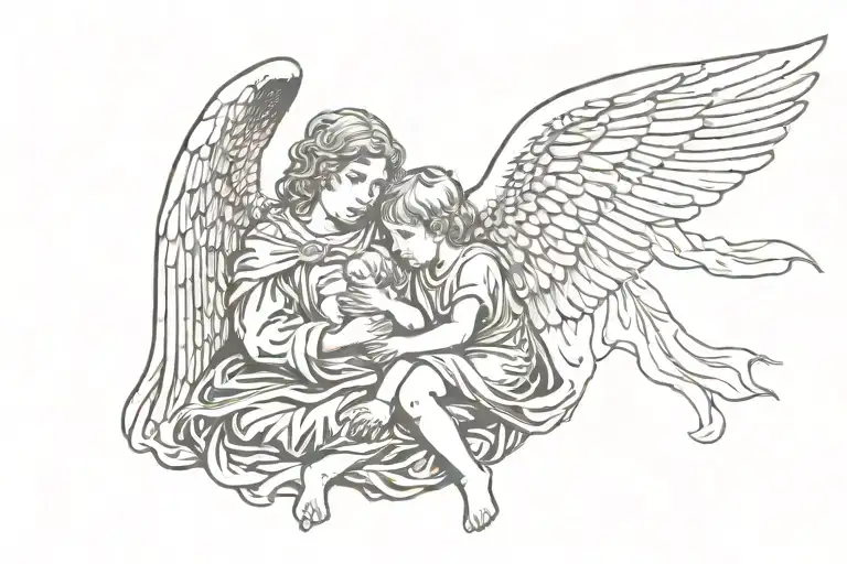 gothic guardian angel protecting small boy tattoo design idea