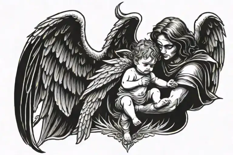 demonic gothic guardian angel protecting small boy tattoo design idea