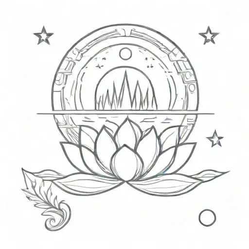 sun moon Lotus Flower blue sky Lake mountain tattoo design idea