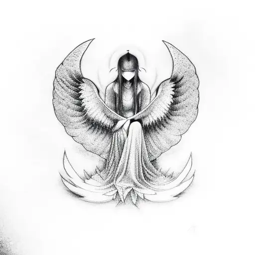 A hauntingly beautiful portrayal of a fallen angel in dotwork style tattoo design idea