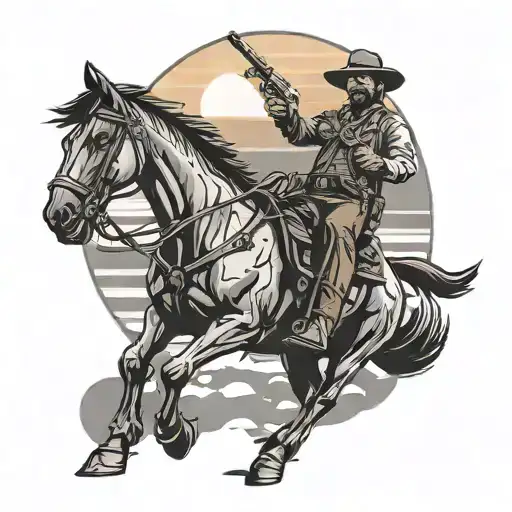 A Red Dead Redemption 2 inspired tattoo of a cowboy riding into the sunset with a revolver in hand tattoo design idea