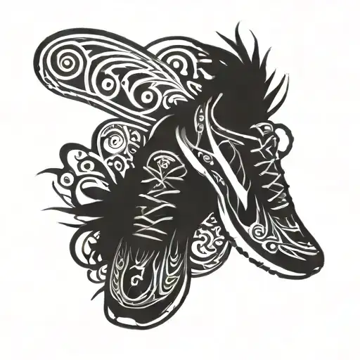 A tribal-inspired design featuring running shoes and car silhouettes tattoo design idea