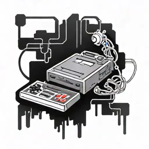 tattoo design comprise of nes logo, sega logo, playstation logo, and xbox logo as computer chips on a circuit board conn tattoo design idea