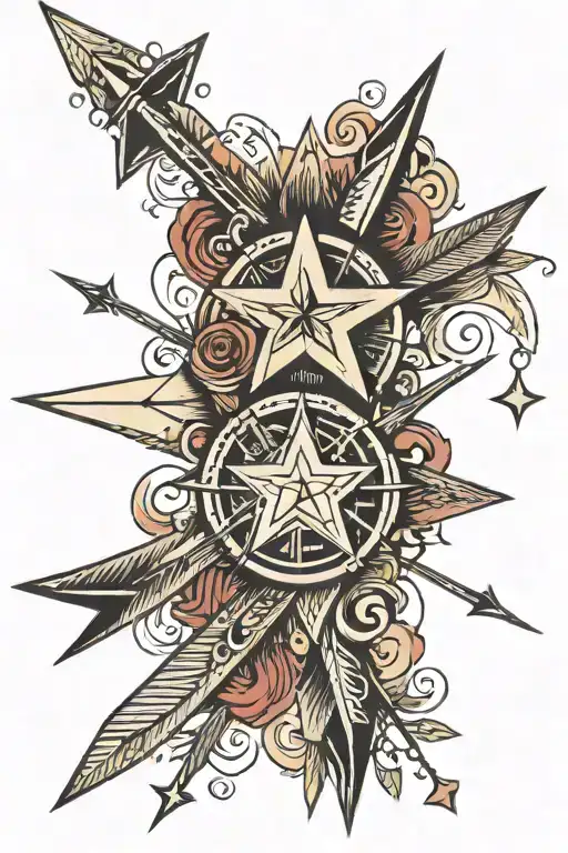 6 arrows pointing to a star tattoo design idea