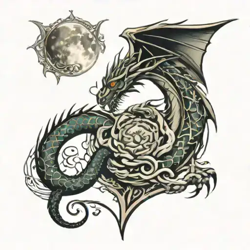 dragon, heart, moon merging together tattoo design idea