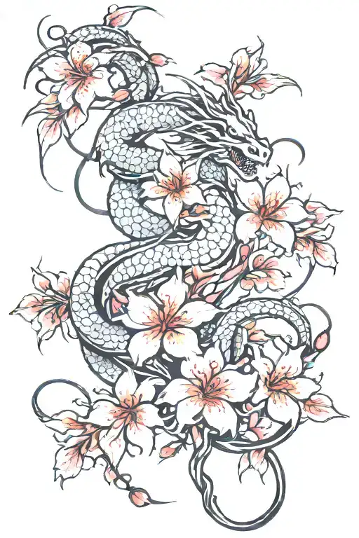 cherry blossom and spider lily and dragon and vines tattoo design idea