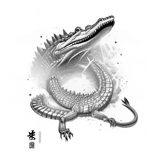 A fierce crocodile wearing a samurai armor, surrounded by pulsating techno beats tattoo design idea