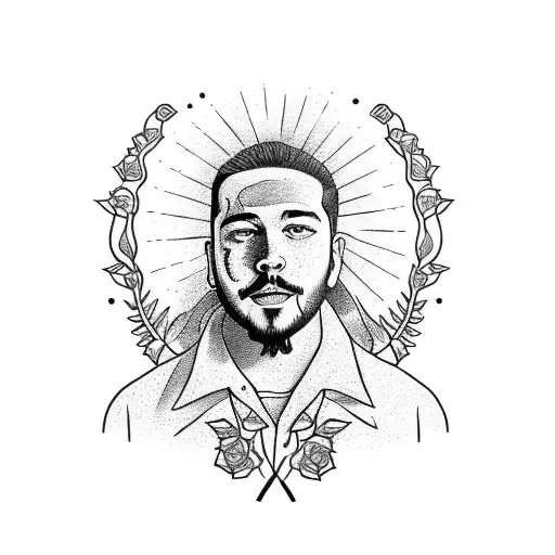 A portrait of Post Malone surrounded by roses and swords tattoo design idea