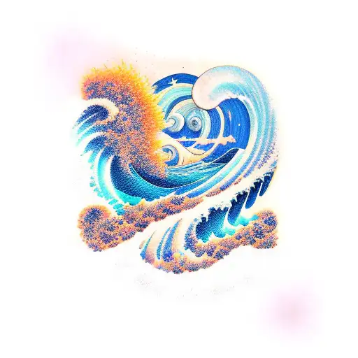 great waves combined with starry nights tattoo design idea